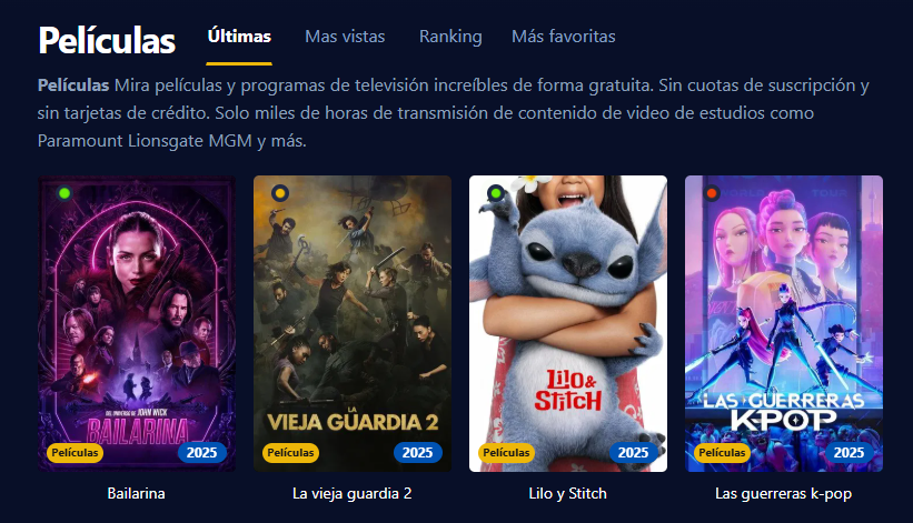 Captura de pantalla de la interfaz de usuario de Cuevana3 mostrando una selección de películas y series populares